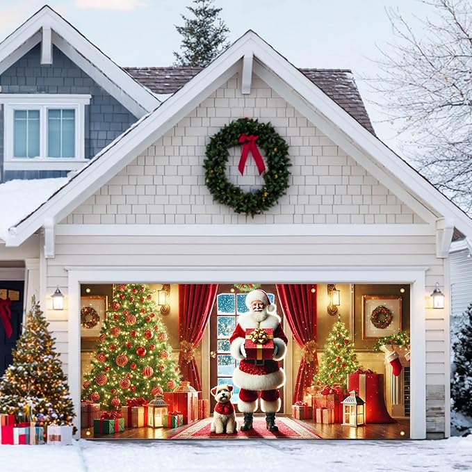 HOMETITUTE Christmas Garage Door Banner 13x6ft Santa Claus with Gift Box and Puppy Holiday Backdrop Winter Indoor Outdoor Scene Red Gold Green Tree Decor Wall Hanging Seasonal Party Porch