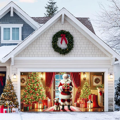 HOMETITUTE Christmas Garage Door Banner 13x6ft Santa Claus with Gift Box and Puppy Holiday Backdrop Winter Indoor Outdoor Scene Red Gold Green Tree Decor Wall Hanging Seasonal Party Porch