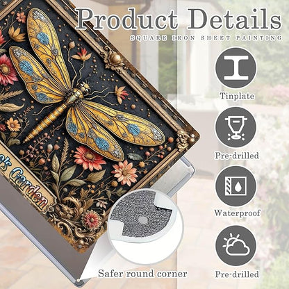 Custom Garden Signs Personalized Metal Tin Sign for Women, Dragonfly Metal Sign for Outdoor, Patio, Yard Rustic Home Decor Gift for Mothers Day, Grandmas, and Gardening Lovers