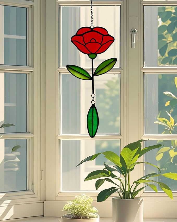 Stained Glass Window Hangings, Handcrafted Garden Suncatchers for Window and Home Decor Decor, Unique Artisan Glass Ornaments for Indoor and Outdoor Use, Red Flower