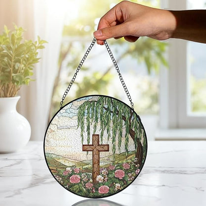 Stained Glass Cross Pink Roses Suncatcher Window Hanging, Easter Faith Christian Gifts Religious Home Decor, Weeping Willow Tree Wildflowers Stained Glass Decor for Friend, 7.9x7.9in