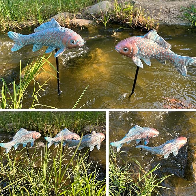 4PCS Antique Bronze Fish Garden Statue - Koi Fish Decor for Outdoors - 10.5 * 5Inch - Glow at Night