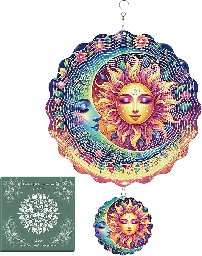 Garden Decor Wind Spinners Outdoor - 12 inch 3D Stainless Steel Hanging Wind Spinners Sun and Moon Mothers Day Decor Gifts for Women Men Outside Yard Art Windmill Lawn Ornaments Outdoor Patio Lawn