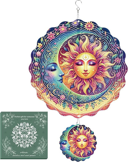 Garden Decor Wind Spinners Outdoor - 12 inch 3D Stainless Steel Hanging Wind Spinners Sun and Moon Mothers Day Decor Gifts for Women Men Outside Yard Art Windmill Lawn Ornaments Outdoor Patio Lawn