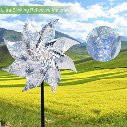 Hausse 10 Pack Reflective Pinwheels with Stakes (Assembly Required), Extra Sparkly Pin Wheel for Garden Decor, Bird Repellent Devices Deterrent to Scare Birds Away from Yard Patio Farm