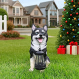 Akita Dog Garden Statue with Solar Lantern Light, Outdoor Resin Puppy Animal Figurine with Double-Sided Welcome & On Patrol Sign, 11.4" Yard Art Decor for Patio Lawn Porch Dog Lover Gift
