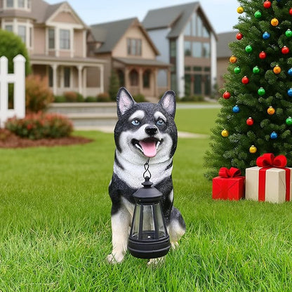 Akita Dog Garden Statue with Solar Lantern Light, Outdoor Resin Puppy Animal Figurine with Double-Sided Welcome & On Patrol Sign, 11.4" Yard Art Decor for Patio Lawn Porch Dog Lover Gift
