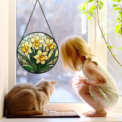 DASTOLL Stained Glass Window Hanging, Daffodil Plant Flowers Sun Catchers Diamond Glass Panel Hangings Suncatcher Decor for Birthday for Women, Men, Wife, Aunt, and Mom 9.8 in