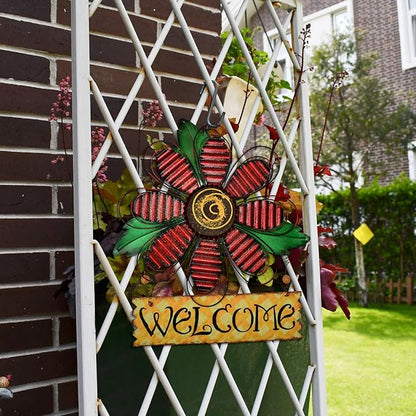 Metal Welcome Sign Daisy Hanging Signs for Front Door - Indoor Outdoor Door Decor Wall Art Flower Decoration Decorative Ornament Wreath for Home Garden Patio (Red)
