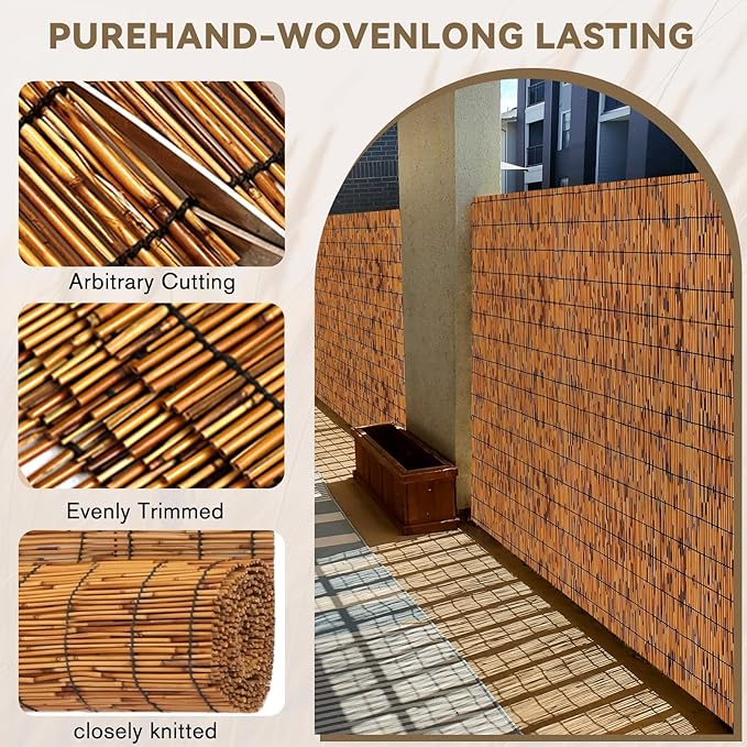 KOIUEYW Bamboo Reed Fencing, Light Russet Decorative Bamboo Privacy Fence 5ft High, Reed Curtains for Patio Garden Balcony Outdoor Privacy Screen, 5 x 16 FT (2 Pcs)