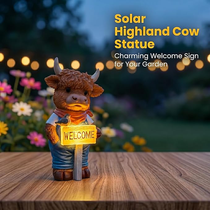 Solar-Powered Resin Highland Cow Welcome Statue with Light-Up Welcome Sign and Perched Bird, Garden Decor for Porch, Patio or Entryway