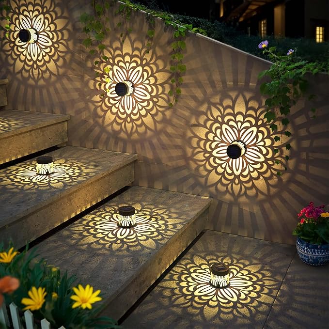 2 Pack Solar Fence Lights Metal Solar Powered Outdoor Wall Deck Step Lights Mandala Theme Waterproof Fence Light for Garden Post Patio Backyard Yard Decor, Gardening Gifts for Women Mom Grandma
