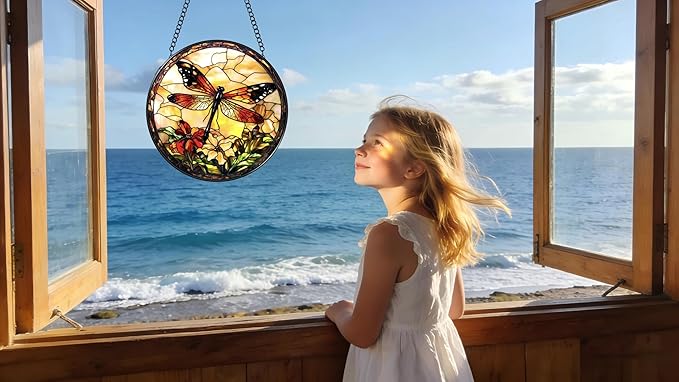 Stained Glass Window Hanging - A Dragonfly is Docked in The Garden 6.3 Inches Suncatcher for Garden Home Decor for Women Mon Grandma Friends