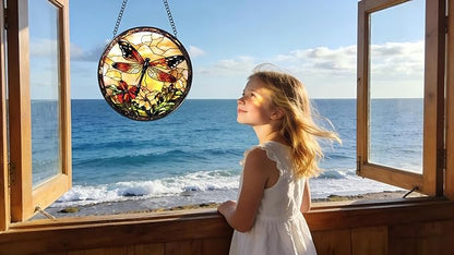 Stained Glass Window Hanging - A Dragonfly is Docked in The Garden 6.3 Inches Suncatcher for Garden Home Decor for Women Mon Grandma Friends