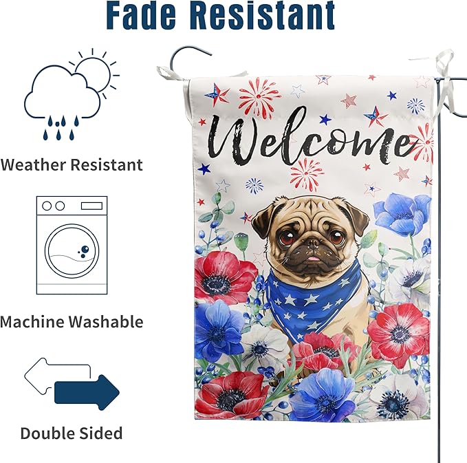 4th of July Pug Garden Flag Red White Blue Floral Dog Yard Flags Small Memorial Independence Day Banner 12x18 Double Sided for Outside Outdoor Patriotic Decor