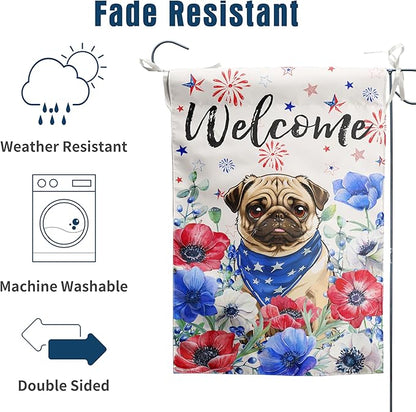 4th of July Pug Garden Flag Red White Blue Floral Dog Yard Flags Small Memorial Independence Day Banner 12x18 Double Sided for Outside Outdoor Patriotic Decor