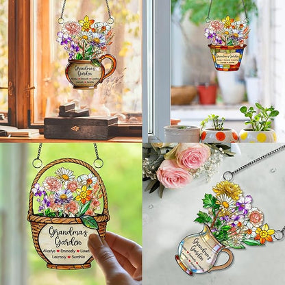 Personalized Grandmas Garden Stained Glass Acrylic Suncatchers, Custom Name Birth Month Flowers Window Hanging Ornament, Mothers Day Christmas Birthday Gifts for Grandma Mom Nana Mimi (Style 07)
