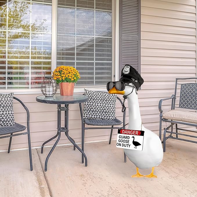 CAMDUCK 3 Pcs Porch Goose Accessories Porch Goose Sign Goose Police Hat Eyeglasses Wooden Gooses Warning Sign Danger Guard Geese on Duty Warning Sign Geese Outfits Decor for Yard Porch Lawn