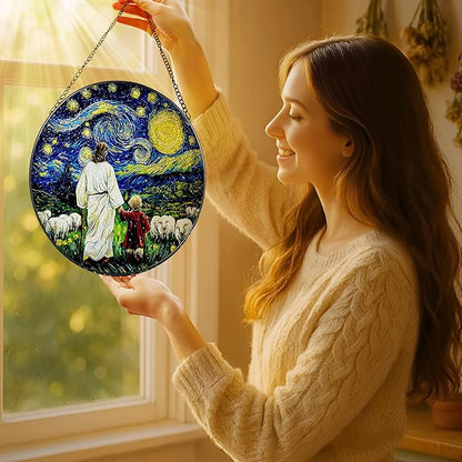 8 Inches Jesus with Child Stained Glass Suncatcher, Window Hanging Home Decor, Starry Night Ornament, Christian Gift, Religious Gifts for Her or Him, Gifts for Christmas