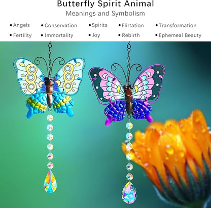 Set 2 Metal Butterfly Suncatchers for Windows - 14" Outdoor Fence Wall Art Decor, Rainbow Prisms Sun Catchers with Crystals Hanging for Home Garden Ornament for Christmas Tree