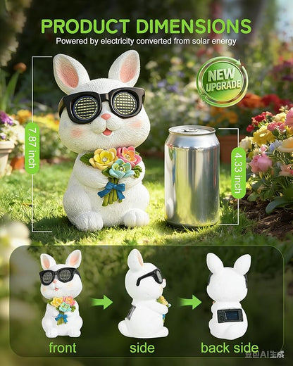 Solar Bunny Garden Outdoor Statues Decor, Rabbit with Flower and LED Lights Garden Decor for Home House, Yard Art Lawn, Ornaments, Porch Patio, Balcony - Birthday Gifts for Grandma Mom Women