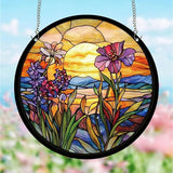 CREATCABIN Flower Window Suncatchers Acrylic Stain Glass Window Hanging 9.8 Inch Round Wildflowers Sun Catcher Panels with Metal Chain for Indoor Outdoor Home Garden Ornaments Christmas Decor
