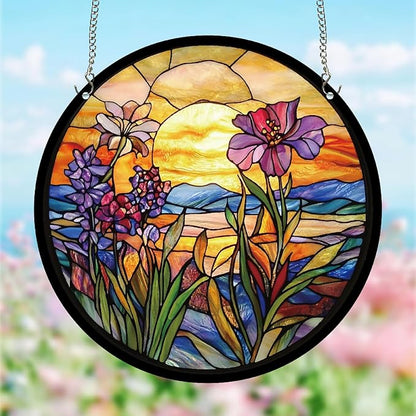 CREATCABIN Flower Window Suncatchers Acrylic Stain Glass Window Hanging 9.8 Inch Round Wildflowers Sun Catcher Panels with Metal Chain for Indoor Outdoor Home Garden Ornaments Christmas Decor