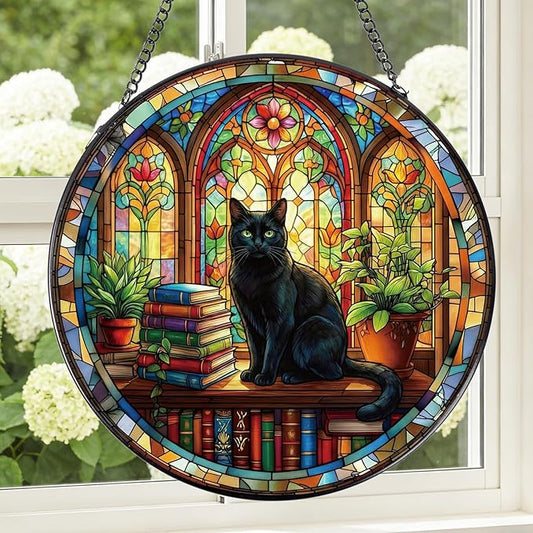 Rngmsi Stained Glass Window Hanging, 8 Inch Sun Catcher Cat and Book Theme Gift for Housewarming, Decorative Suncatchers Gifts for Wall Art Landscape Hanging Home Decor