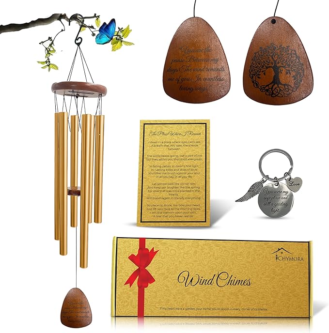 Memorial Wind Chimes for Outside Clearence - Teardrop Pendant, Deep Toned Aluminum Tubes & Pine Wood, Sympathy Gift for Loss, Letter from Heaven & Keepsake Keychain, Garden Porch Decor - Gold