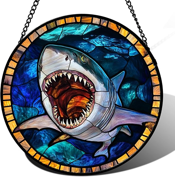 CHATYOUNG Stained Glass Window Hanging Ocean Sea Ferocious Big Shark 7.8" - Suncatcher Door Garden Sunroom Sun Catcher Home Decor Father's Day Birthday Christmas for Mom Men Woman Father Friend