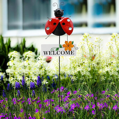 Garden Decor Metal Welcome Yard Stakes Spring Lawn Art Patio Decorative Plant Stake for Flower Pot Pathway Porch Backyard Indoor Outdoor Decoration (Ladybug)