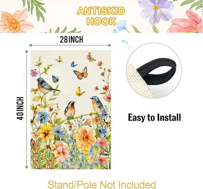 Baccessor Spring Floral Birds House Flag Double Sided 28x40 Inch Burlap,Flower Butterflies Large Garden Flag Porch Patio Front Entry Yard Seasonal Farmhouse Outside Outdoor Decor