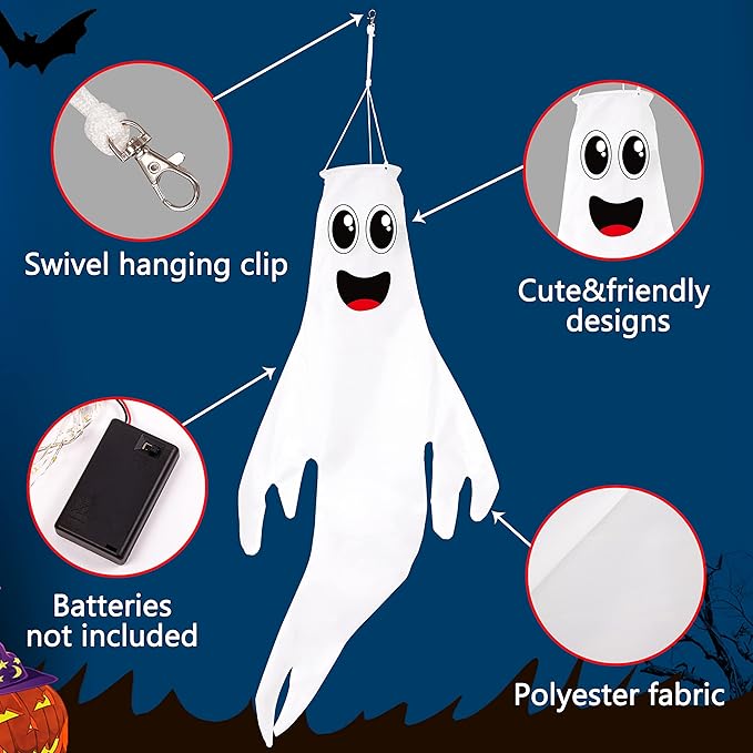3PCS 43 Inch Halloween Lighted Hanging Ghost Windsocks Hanging Decorations for Tree, Fall LED Flag Wind Socks for Home Yard Outdoor Autumn Decor Party Supplies (Batteries Not Included,No Timer)