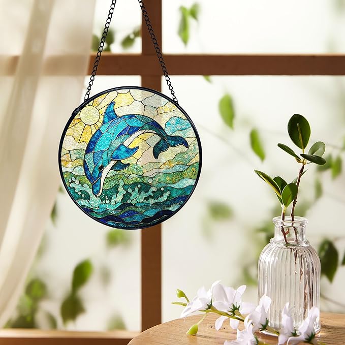 Dolphin Suncatchers Stained Glass Window Hanging, Beach Dolphin Gifts for Women, Coastal Ocean Sun Catchers Indoor Window Glass Round Wall Decor, Beachy Wall Hanging, 7.9x7.9in