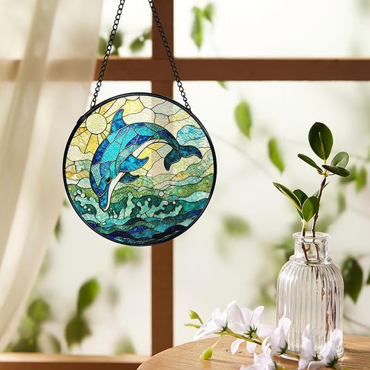 Dolphin Suncatchers Stained Glass Window Hanging, Beach Dolphin Gifts for Women, Coastal Ocean Sun Catchers Indoor Window Glass Round Wall Decor, Beachy Wall Hanging, 7.9x7.9in