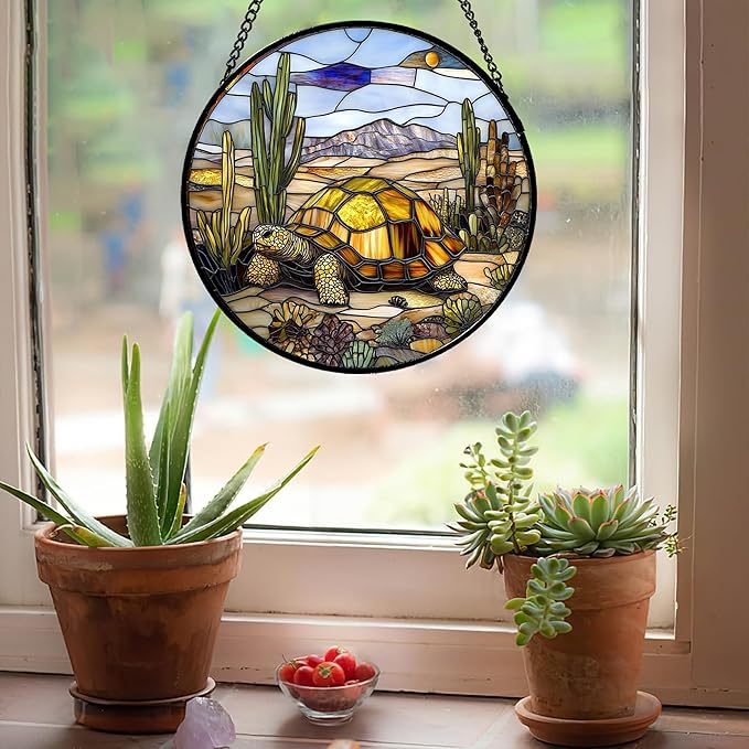 Stained Glass Window Hanging Golden Turtle Cactus Landscape 6.3" - Suncatcher Door Garden Sunroom Sun Catcher Home Decor Birthday Christmas for Mom Men Woman Nana