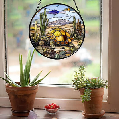 Stained Glass Window Hanging Golden Turtle Cactus Landscape 7.8" - Suncatcher Door Garden Sunroom Sun Catcher Home Decor Birthday Christmas for Mom Men Woman Nana