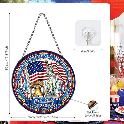 Rngmsi 250th Anniversary Stained Glass Window Hanging, 7.8″ Patriotic Sun Catchers with Hook Indoor Window Decor Gift, 4th of July Sun Catchers Ornaments Home Garden Art for Women Men