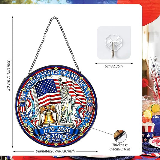 Rngmsi 250th Anniversary Stained Glass Window Hanging, 7.8″ Patriotic Sun Catchers with Hook Indoor Window Decor Gift, 4th of July Sun Catchers Ornaments Home Garden Art for Women Men
