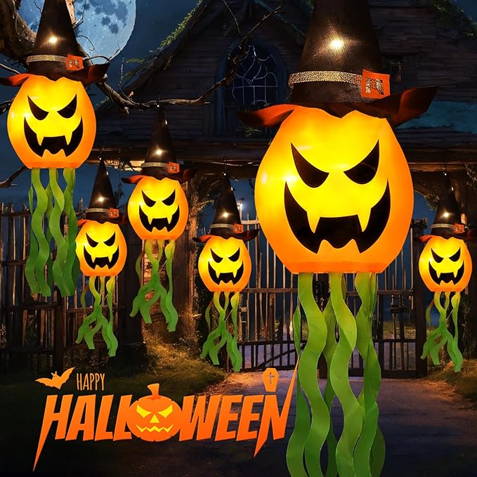 Cuorung Halloween Decorations Outdoor Decor Hanging Lighted Glowing Pumpkin Witch Hat with 3 Modes Lighted Up Scary Orange Halloween Decorations for Indoor Outside Party Yard Tree Garden (6Pcs)