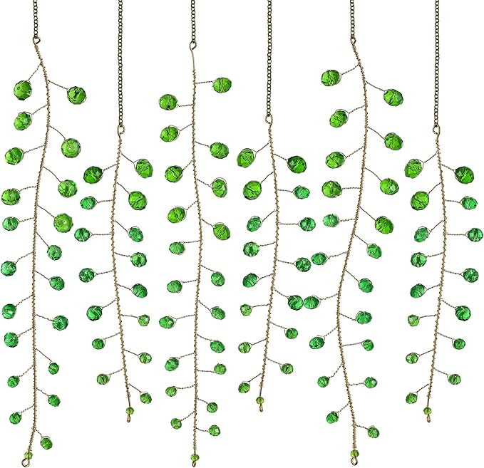 H&D HYALINE & DORA 6 Pcs Crystal Beaded Suncatchers Artificial Green Plants Hanging Wind Chime with Chain for Window Indoor Outdoor Potted Plants Decorations Plant Lover Gift
