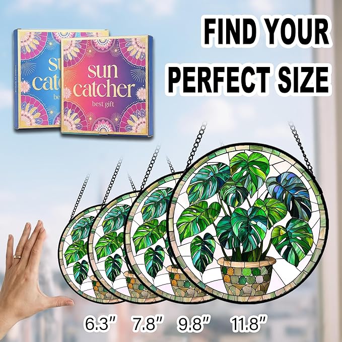 Birthday Gifts for Women - Green Monstera Plant Faux Stained Glass Window Hanging Sun Catcher for Door Garden Acrylic Decor Mother's Day Christmas for Mom Nana Grandma Sisters Wife 7.8"