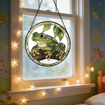 DASTOLL Stained Glass Window Hanging, Frog Green Leaf Sun Catchers Colorful Glass Panel Cool Suncatcher Decor for Birthday for Women, Men, Wife, Aunt, and Mom 14.9x14.9 in