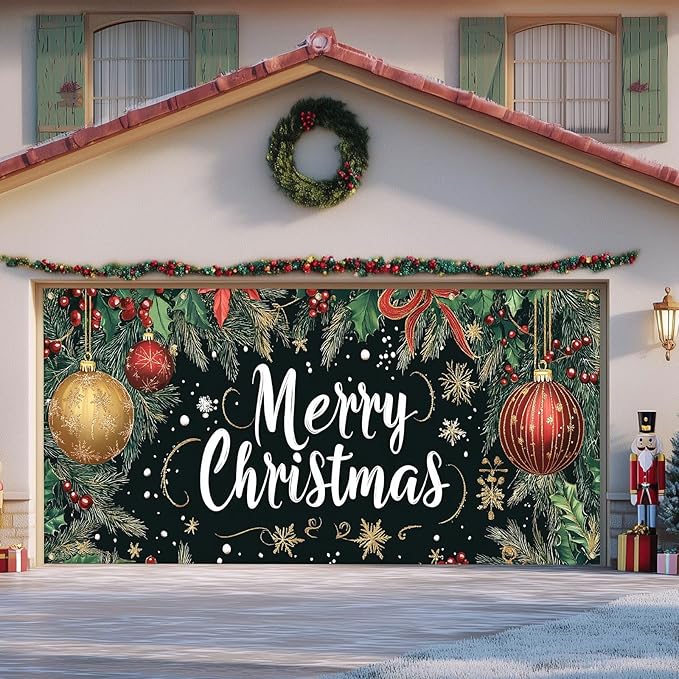 IVN Merry Christmas Happy New Year Garage Door Banner 13x6 ft Christmas Garage Door Cover Wnter Scene Background Indoor Outdoor Black Snowflake Tree Holly Ornaments Holiday Decorations for Home and Events Wall Backdrop Decor