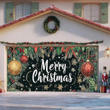 IVN Merry Christmas Happy New Year Garage Door Banner 13x6 ft Christmas Garage Door Cover Wnter Scene Background Indoor Outdoor Black Snowflake Tree Holly Ornaments Holiday Decorations for Home and Events Wall Backdrop Decor