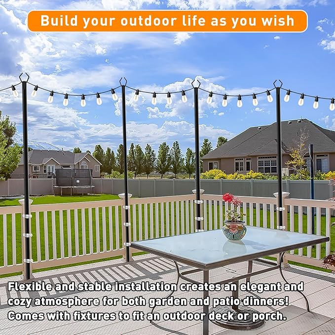 6 Pack 10 FT String Light Poles,Metal with Fork Lights Poles for Outdoor String Light, Rustproof Heavy Duty for Outside Garden,Patio,Wedding,Backyard,Deck,Party
