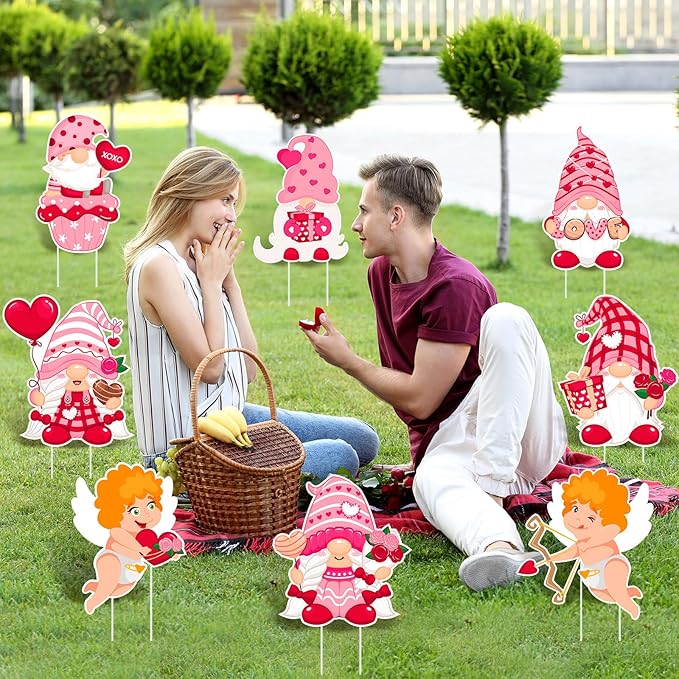 Glenmal 12 Pcs Valentine's Day Yard Signs with Stakes Valentine Gnomes Lawn Decorations Outdoor Love Swedish Corrugated Decor for Wedding Anniversary Party