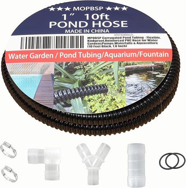 Corrugated Pond Tubing - Flexible, Kinkproof, Reinforced PVC Hose for Water Gardens, Pumps, Waterfalls & Aquaculture (10 Feet Black, 1.0 Inch)