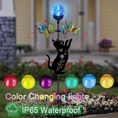 Solar Lights Yard Stakes-Butterfly Wind Spinners,Metal Black Cat Garden Decor with Color Changing LED for Patio,Pathway,Lawn,Walkway,Outdoor Decorative