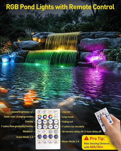 T-SUN Colored Pond Lights with Timer, LED Underwater Submersible Fountain Fish Tank Landscape Lights - Smart APP & Remote Control, IP68 Waterproof (Set of 3)